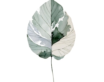Calathea Leaf Watercolor Print | Sage Green Botanical Wall Art | Boho Houseplant Decor Printable