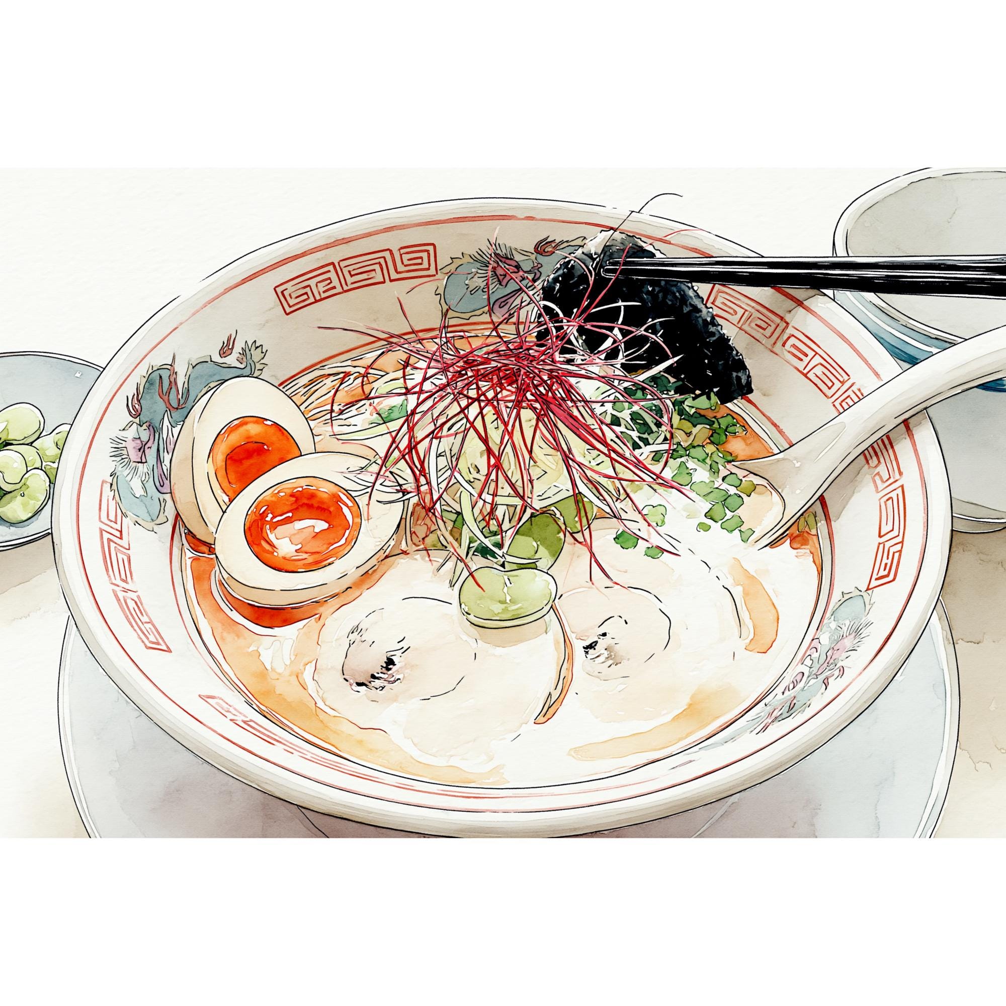 Tonkotsu Ramen Watercolor Print | Japanese Food Kitchen Art (Digital Download)