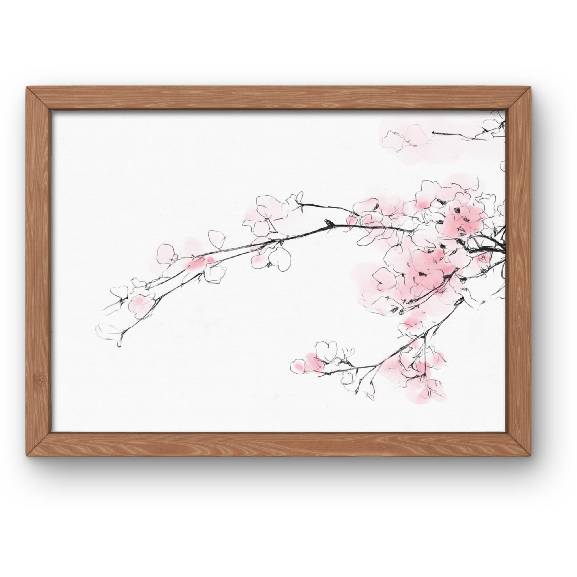 Cherry Blossom Ink Drawing | Japanese Watercolor Wall Art | Minimalist Floral Print for Living Room