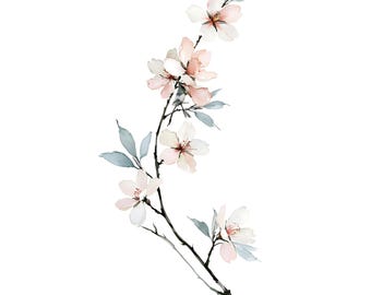Almond Blossom Watercolor Print | Pink Floral Branch Wall Art for Living Room | Instant Download