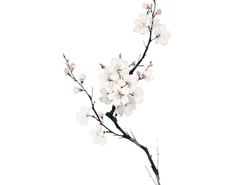 Plum Blossom Watercolor Print | Japandi Botanical Wall Art | Minimalist Floral Decor Download