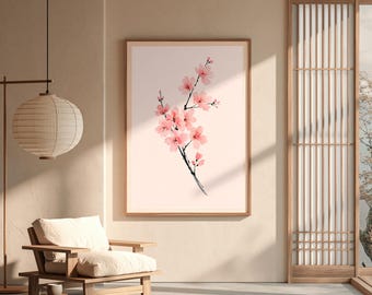 Cherry Blossom Watercolor Print | Sakura Branch Wall Art for Japandi Decor | Instant Download