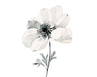 White Anemone Watercolor Print | Minimalist Botanical Wall Art (Digital Download)
