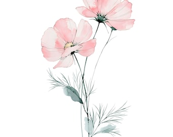 Cosmos Flower Watercolor Print | Pink Floral Botanical Art (Digital Download)