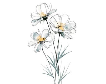 White Daisy Watercolor Print | Minimalist Wildflower Wall Art | Cottagecore Floral Decor | Instant Download