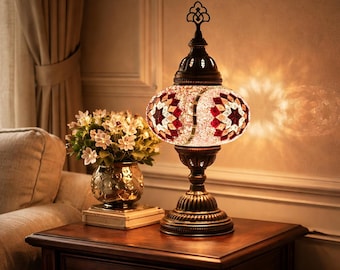 Handgefertigte türkische Mosaik Tischlampe - Antike Bronze, buntes Glasnachtlicht