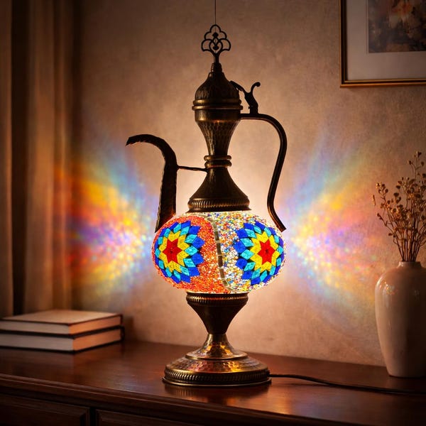 Handmade Turkish Mosaic Table Lamp, Antique Bronze, Colorful Glass Bedside Light