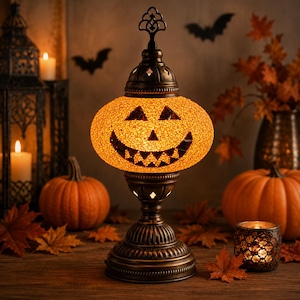 Halloween Pumpkin Turkish Mosaic Lamp, Handmade Jack O Lantern Table Light, Spooky Fall Decor