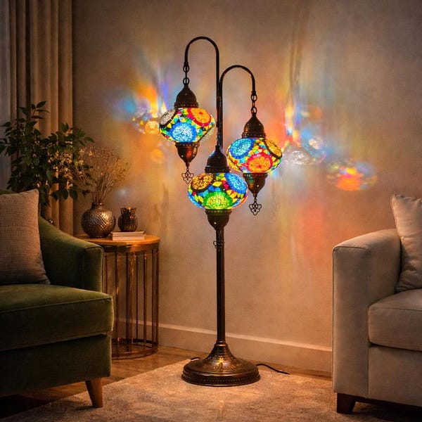 Lámpara de pie de mosaico colorida hecha a mano – Iluminación decorativa para el hogar turco