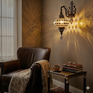 May include: A decorative wall sconce with a mosaic glass shade, casting warm light. The sconce is mounted on a dark wall, next to a leather armchair and a small table with books and a cup of coffee.
