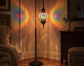 Extra Large Turkish Mosaic Globe Floor Lamp, Antique Bronze Swan Neck Light