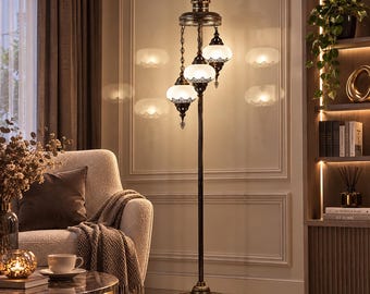 3 Globe White Glass Standing Light, Antique Bronze Floor Lamp,  Vintage Corner Lamp