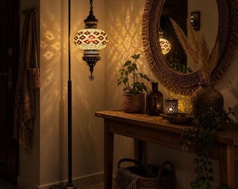 Turkish Mosaic Floor Lamp, Handmade Colorful Glass Lantern, Ottoman Swan Neck Standing Lamp, Boho Rainbow Corner Light