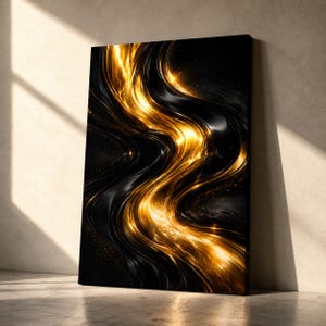Black Gold Abstract Canvas Wall Art, Luxury Modern Decor, Large Vertical Canvas Print, Contemporary Statement Artwork
