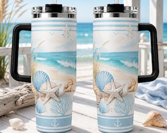 Bicchiere termico da spiaggia, tazza da viaggio con conchiglie e tema oceano, tazza estiva nautica blu, regalo per amanti della spiaggia con stelle marine per donne