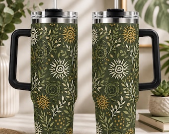 Bicchiere con motivo botanico a forma di sole, tazza da viaggio verde in stile boho, tazza floreale celeste, bicchiere con motivo a spirale e raggi di sole, regalo per gli amanti della natura.