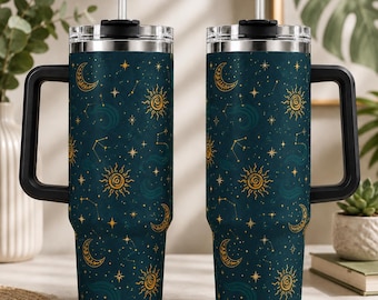 Bicchiere celeste, tazza da viaggio con luna e stelle, tazza da caffè con sole a spirale, bicchiere ispirato all'astrologia, regalo per una notte mistica