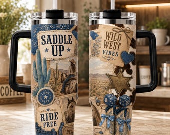 Tazza termica con stampa cowgirl western, tazza con vibrazioni del selvaggio West "Saddle Up", tazza da viaggio con stivali da cowboy da rodeo, tazza termica con cavallo del deserto - idea regalo