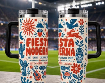 Bicchiere Fiesta Moderna con manico, 1,2 litri (40 oz), tazza in stile arte popolare sud-occidentale, tazza da viaggio di ispirazione messicana, regalo per bevande in stile boho