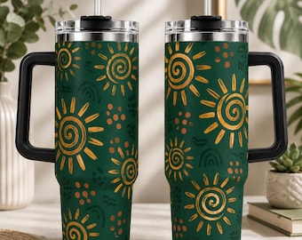 Bicchiere termico Boho Sun, tazza da viaggio con spirale verde a forma di sole, tazza da caffè in stile folk, bicchiere termico Boho dai toni naturali, regalo con motivo a raggiera.