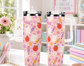 Tazza termica per insegnanti, graziosa tazza termica con materiale scolastico, design con mela rosa e matita, regalo personalizzato per insegnanti
