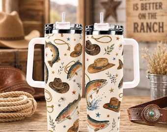 Tazza termica da viaggio rustica con motivo pesca western, disegno trota cowboy, ideale per attività all'aperto, regalo per pescatori, articoli per bevande in stile ranch.