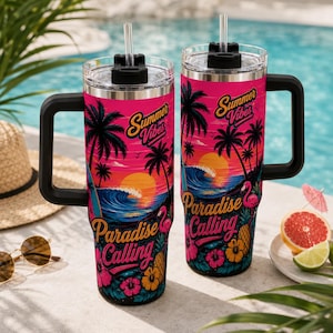 Sommarvibbar 120 cl dricksglas, tropiskt paradis-mugg, resemugg för strandsemester, drinkmugg med handtag vid poolen
