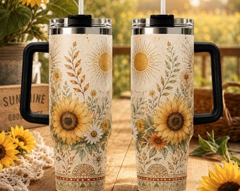Bicchiere termico Boho con girasoli, tazza da viaggio estiva con motivi floreali, tazza con sole e margherite, bicchiere termico rustico con fiori selvatici, regalo per donne