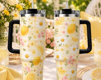 Bicchiere estivo Lemon Daisy, tazza da viaggio con motivo floreale giallo, graziosa tazza per limonata, bicchiere per picnic primaverile, regalo per donne