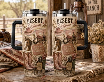 Bicchiere termico "Desert Bloom Cowgirl", tazza da viaggio western con cavallo, stivale da cowboy e cactus, regalo rustico per ragazza di campagna appassionata di rodeo.