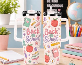 Bicchiere per il ritorno a scuola, tazza carina per insegnanti, bicchiere con Apple Pencil e materiale scolastico, regalo per insegnanti a tema pastello