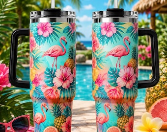 Bicchiere termico con fenicottero tropicale, tazza da viaggio estiva per la spiaggia, tazza con ibisco rosa e ananas, bicchiere termico per feste in piscina in vacanza, idea regalo