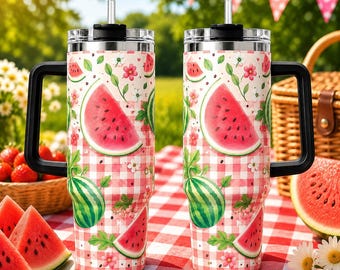 Bicchiere estivo con anguria, tazza da viaggio a quadretti rosa, tazza da picnic carina, bicchiere con anguria floreale, regalo estivo