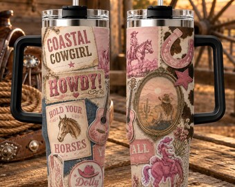 Bicchiere da cowgirl costiera, tazza da cowgirl western rosa, tazza da viaggio per amanti dei cavalli, bicchiere da cowboy con stivali da rodeo e cactus, regalo per ragazza di campagna