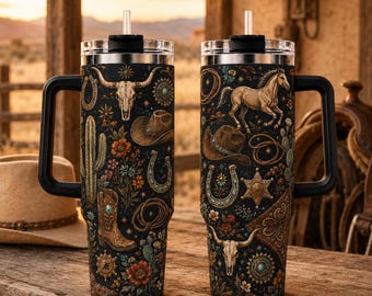Bicchiere termico da cowboy western da 40 once, tazza da viaggio per ranch nel deserto, tazza da rodeo con cavalli e cactus, regalo rustico western, bicchiere termico per cowgirl