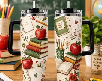 Tazza termica per insegnanti, tazza da viaggio con tema Apple Books, tazza per il ritorno a scuola, tazza termica con motivo floreale per la classe, regalo per la festa degli insegnanti.