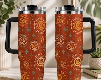 Bicchiere termico Boho Sun, tazza da viaggio con spirale di terracotta a forma di sole, tazza ispirata al sud-ovest americano, bicchiere termico con arte popolare celeste, idea regalo