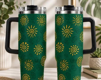 Bicchiere termico Boho Sun, tazza da viaggio con spirale solare verde, tazza da caffè celeste, bicchiere termico con raggiera in stile folk, regalo per amanti della natura