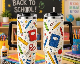 Bicchiere per il ritorno a scuola, tazza colorata con materiale scolastico, tazza da viaggio per insegnanti, bicchiere con matita, pastello e quaderno, idea regalo