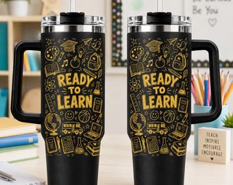 Bicchiere termico "Pronto per imparare", tazza per insegnanti per il ritorno a scuola, tazza da viaggio con disegni scolastici, regalo per studenti, bicchiere termico con manico da 40 oz