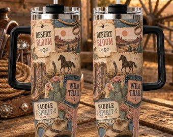Bicchiere termico Western "Desert Bloom", tazza da viaggio per cowgirl, tazza con cavallo, cactus e stivale da cowboy, regalo rustico per ragazza di campagna