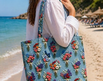 3D Floral Tote Bag, Luxury Embroidered Style Handbag, Handmade Blue Fabric Tote, Elegant Shoulder Bag, Cottagecore Gift for Her