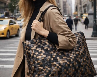 Metallic Woven Tote , Shiny Shopper Shoulder Bag, Large Handmade Handbag,Gift for Her