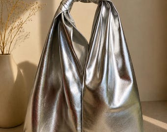 Silver Metallic Knot Tote Bag Handmade Statement Purse Shiny Shoulder Handbag Fashion Accessory Gift for Her