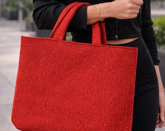 Red Glitter Tote, Sparkly Shoulder Bag, Handmade Fabric Handbag, Summer Beach Style