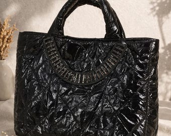 Black Quilted Tote, Beaded Detail Shoulder Bag , Handmade Elegant Handbag,Chic Everyday Style
