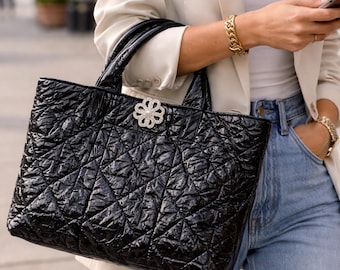 Black Quilted Tote , Shiny Fabric Shoulder Bag, Beaded Detail Handbag, Everyday Elegance