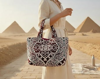Luxury Tapestry Carryall, Soft Textured Burgundy Shoulder Purse, Fully Lined Handmade Fashion Accessory