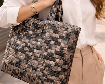 Handmade Metallic Checkerboard Woven Tote , Rhinestone Trim Shoulder Purse,Shiny Evening Bag