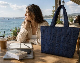 Navy Quilted Tote, Lightweight Handmade Shoulder Purse, Minimal Everyday Carryall, Soft Puffer Style, Chic Gift for Women